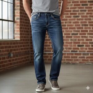 BKE Jake Straight Leg Jeans Men's 32x34 Dark Wash Heavy Stitch Stretch Buckle